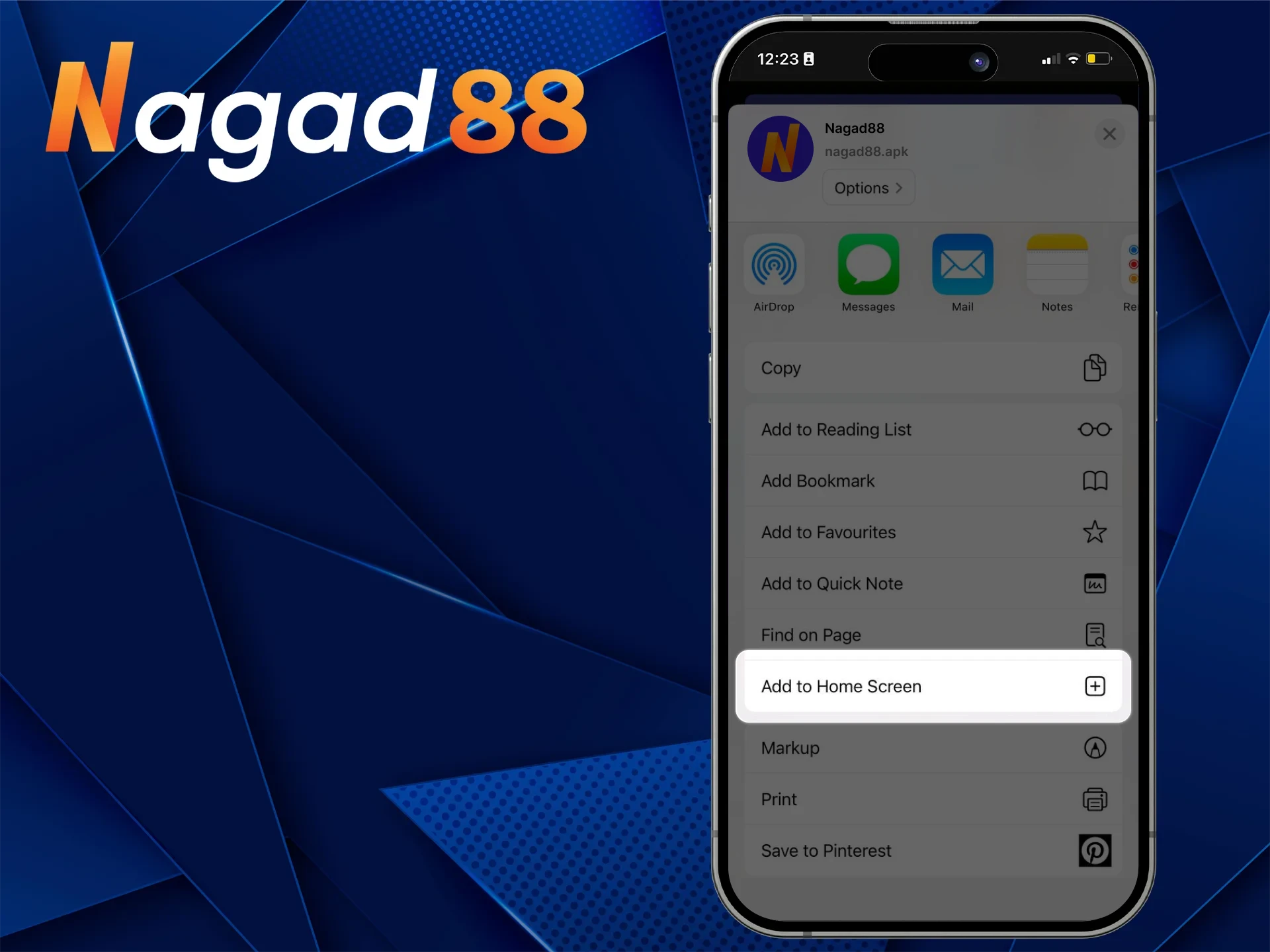 অ্যাড টু হোম স্ক্রিন বোতামে ক্লিক করুন আপনার iOS ফোনে Nagad88 অনলাইন ক্যাসিনো অ্যাপ্লিকেশন ইনস্টলেশন নিশ্চিত করুন এবং এটি সম্পূর্ণ হওয়ার জন্য অপেক্ষা করুন।