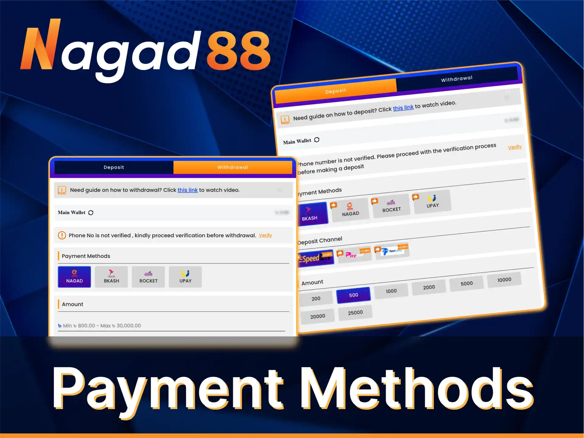 Fund your account with available payment methods at Nagad88.
