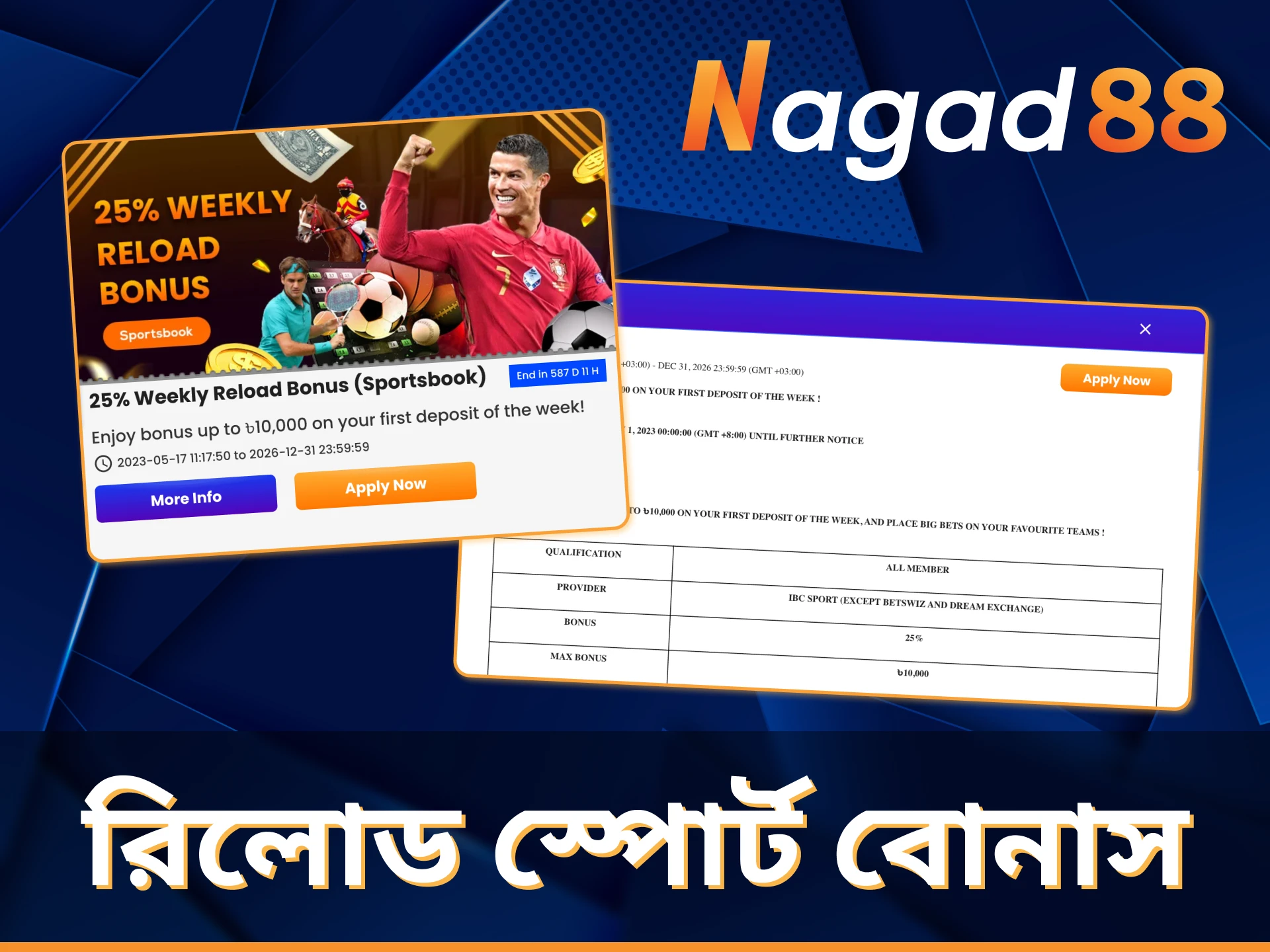 Nagad88 এ সাপ্তাহিক রিলোড স্পোর্ট বোনাস পান।